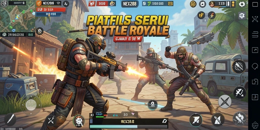 Screenshot NEX288 menunjukkan aksi seru di medan perang Battle Royale.